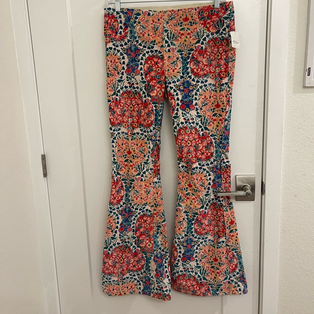 NWT We The Free Corduroy Flare Boho Hippie Floral Pants in Pink Blue, Cream